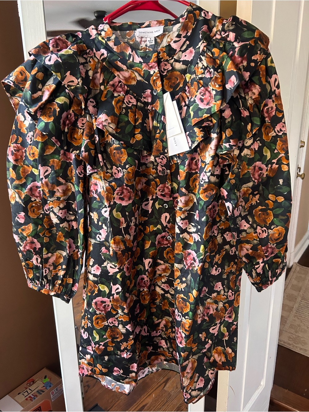 SOMETHING NAVY Black combo Floral Ruffle Dress with Pink & Orange Blooms, S